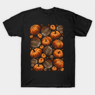 Autumn Pattern with chestnuts, pumpkinsin retro watercolor style, color autumn, orange, green, purple, yellow and Brown T-Shirt